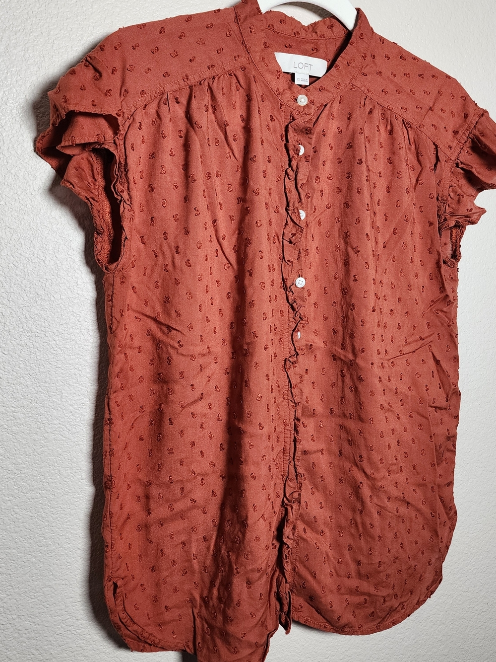LOFT Rust Ruffle-Trim Button-Front Cap-Sleeve Blouse - Picture 2 of 8